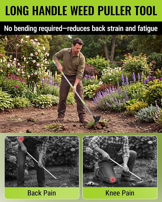 WORKPRO Weed Puller Tool with Long Handle – 2-in-1 Garden Hoe & Weed Rake, 29"-56" Adjustable Manual Weeding Tool, Uprooting Weed Remover Gardening Weeder Tools for Yard, Lawn, Patio and Garden