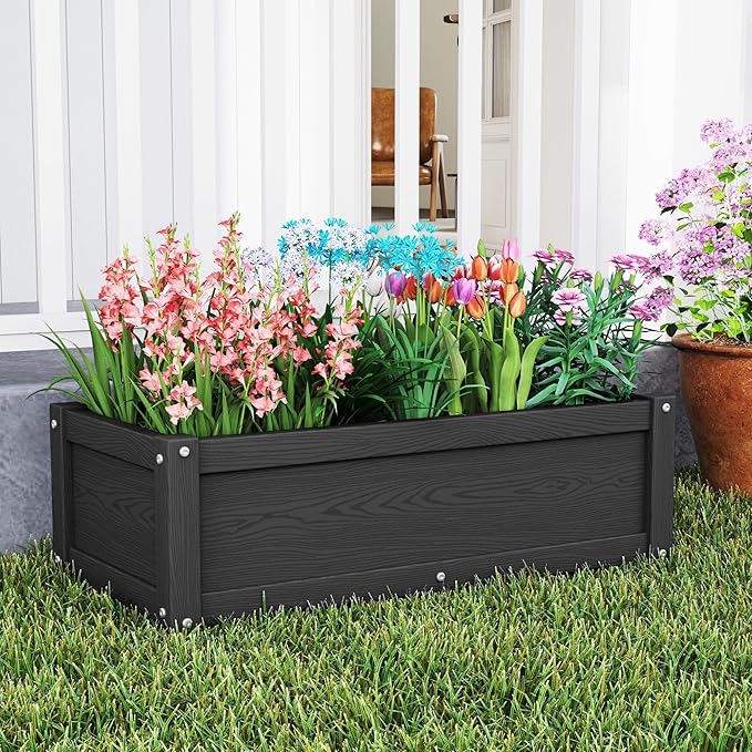 HDPE Raised Planter Box Outdoor,Rot-Resistant and Non-Cracking,Small Raised Beds for Gardening 29.5 * 14.4 * 9.8 in for Yard,Lawn,Outdoor Planter Boxes Rectangle with Drainage Holes Black