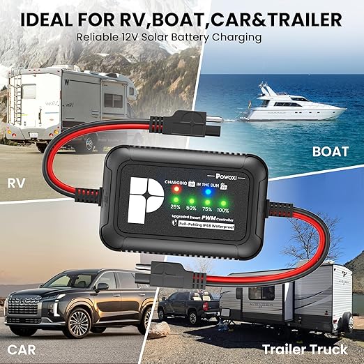 POWOXI Upgraded 12V 8 amp Solar Charge Controller - IP68 Waterproof PWM Solar Charge Regulator for LiFePO4 AGM Gel Lead-Acid Batteries - Inline Battery Maintainer for RV Boat Car Trailer Truck