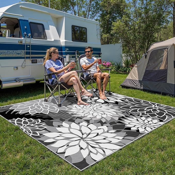 8x10 Outdoor Area Rug Washable Multicolored Patio Rug Tropical Botanical Floral Chenille Waterproof Outdoor Carpet Non-Slip for Deck, Backyard, Porch, Black