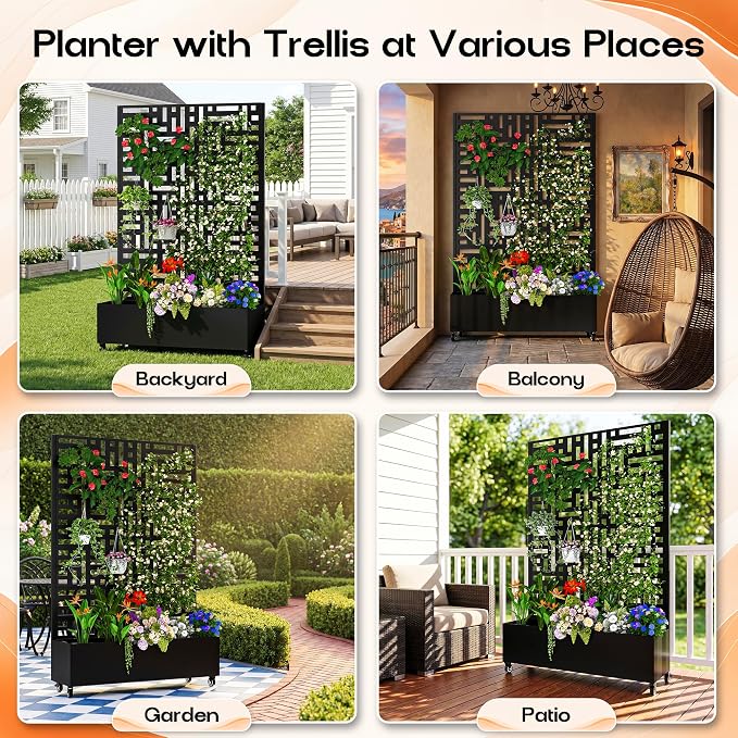 MTART Metal Planter Box with Trellis, 72.1"x47.2"x16" Outdoor Galvanized Raised Garden Bed with Privacy Screen & Drainage Holes & Lockable Casters for Climbing Plants, Vegetable (Street-Black1)