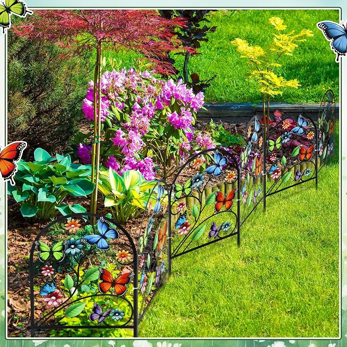 Yaocom 12 Pack Butterfly Decorative Garden Fence 16.5''H x 11.8''W Animal Barrier Border Butterfly Flower Design Metal Arch Garden Fence Border for Spring Outdoor Patio Yard Landscape Decoration