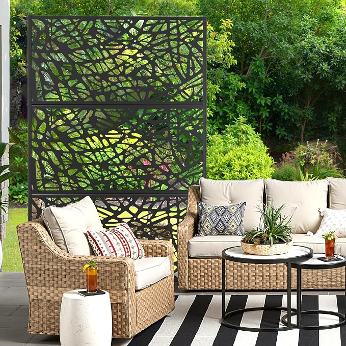 Metal Privacy Screen for Outdoor & Indoor Use, Free Standing Privacy Screen for Patio Garden Pool, 72" H x 47" W Decoative Privacy Panels, Weather Resistant, Easy Assembly (Black Net)