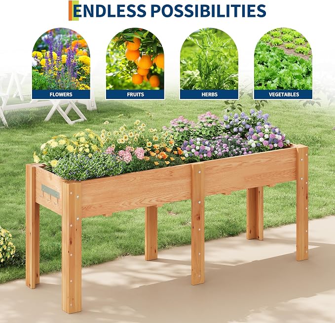 72x 23x30IN Raised Garden Bed Outdoors with High Legs & Hooks, Non-Woven Liner, Elevated Wooden Large Planter Box for Backyard, Patio, Balcony w/Divider Panel, 6 Legs, 300lb Capacity
