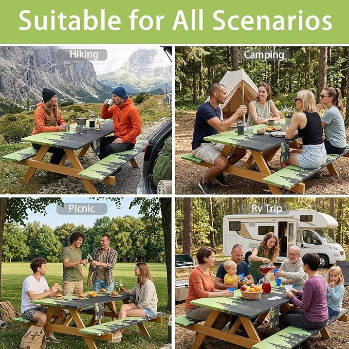 Fitted Waterproof Picnic Table Cover with Bench Covers Elastic 72×30In 3 Piece Camping Table Cloth for 6Ft Rectangle Tables Outdoor Camper Gifts Supplies Patio Rv Traveling Hiking Must Haves