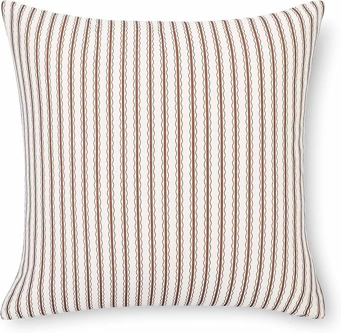 Crumbs Home Modern Farmhouse California Casual Indoor Outdoor Throw Pillow Cover, 22"x22" Water Repellent for Patio, Backyard, Couch, Poolside, Cocoa Brown Print Wave Stripes