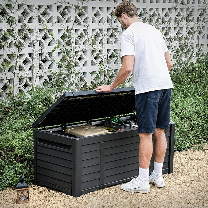 DWVO Outdoor Louver Storage Deck Box w/120 Gallon Capacity, Large Storage Box for Outdoor Pillows, Garden Tools and Pool Supplies, Resin, Waterproof, Lockable (Black)