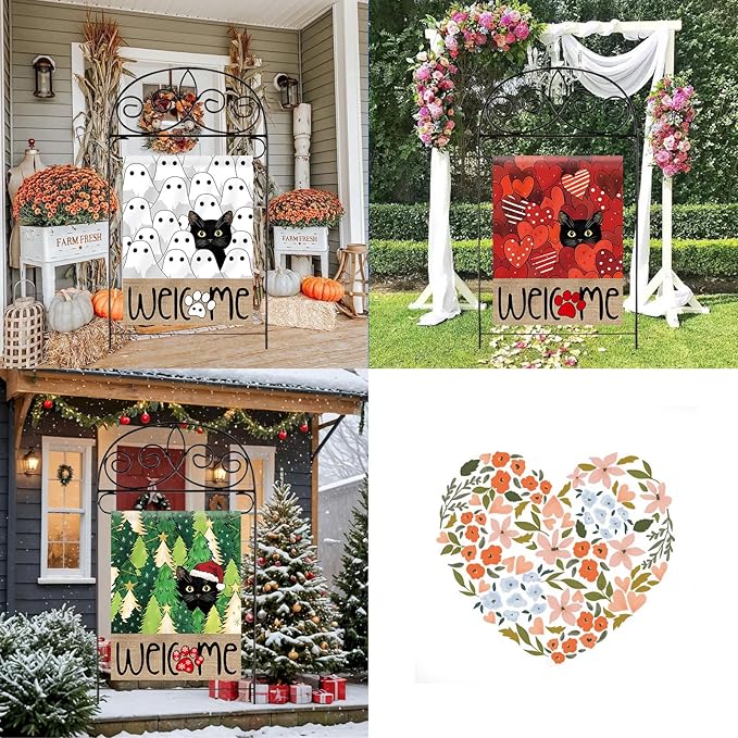 Seasonal Garden Flags Set of 11, Double Sided 28 x 40 Inch Black Cat House Flags, Large Flags for Outside, Spring Summer Easter Independence Day Outdoor Flags, Welcome Holiday Garden Flags for All Seasons