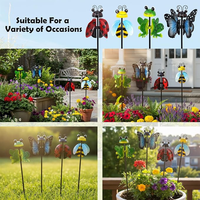4 Pack Metal Wind Spinners for Yard, 360° Rotating Garden Stake with Butterfly Frog Bee Ladybug, Kinetic Outdoor Art Decor, All-Weather Lawn Ornament Gift