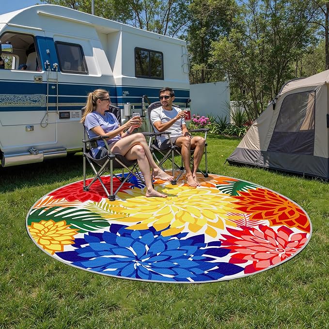 Colorful 6FT Outdoor Round Area Rug Washable Rugs Multicolored Patio Rug Tropical Botanical Floral Chenille Waterproof Outdoor Carpet for RV, Pool Deck, Backyard, Porch, Rainbow