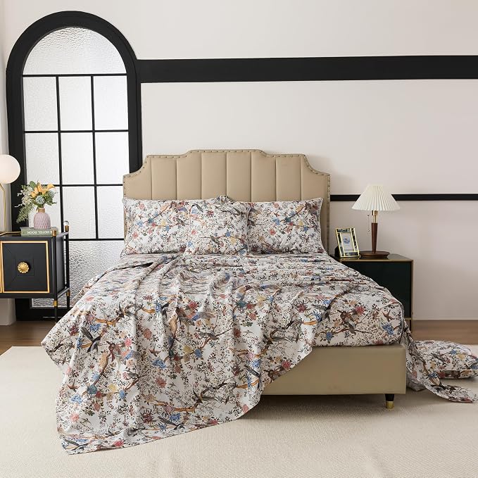 FADFAY Sheets Set Twin Botanical Bird Floral Bed Sheets Set Vintage Mocha Mousse Farmhouse Bedding Shabby Branches Bedding 100% Egyptian Cotton Breathable Soft 17.7" Deep Pocket 4Pcs, Twin Size