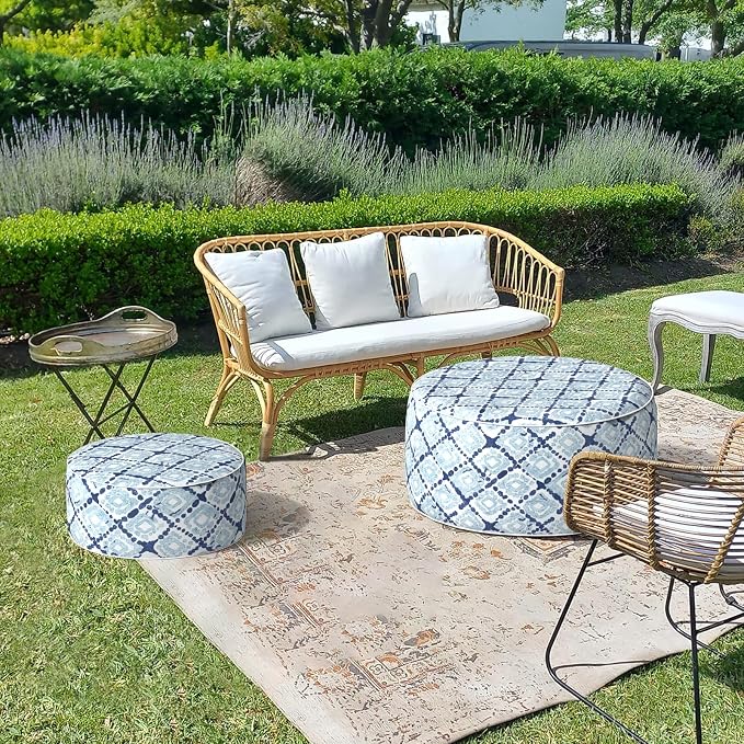LVTXIII Inflatable Stool Ottoman Footrest with Handle, Decorative Fade-Resistant Foot Stool, Indoor or Outdoor Pouf for Home Garden and Camping Use, 21x21x9, Boho Geometry Blue