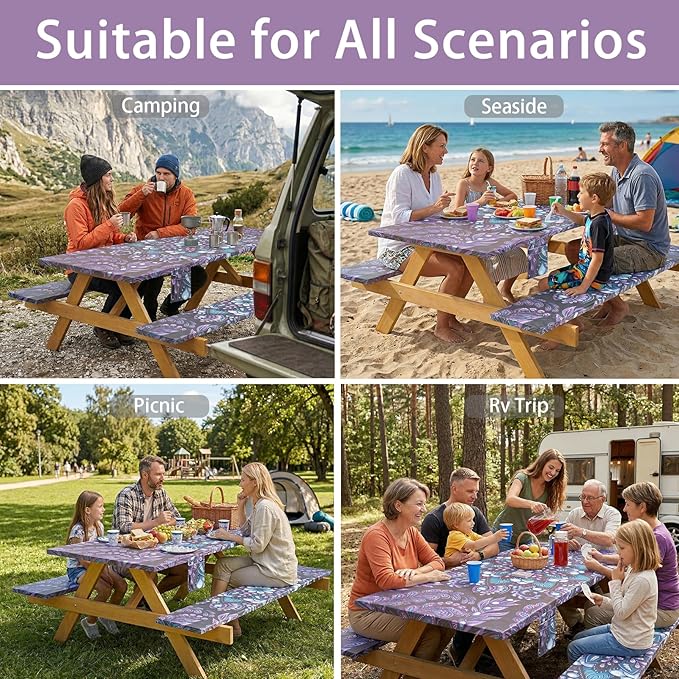 Fitted Waterproof Picnic Table Cover with Bench Covers Elastic Reusable Camping Table Cloths for 6Ft Rectangle Tables Summer Camp Motorhome Party Gear Outdoors Car Travel Trailer Gadgets Gift