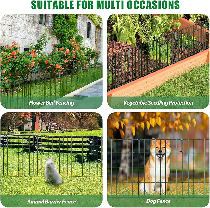 10 Pack Garden Fence Animal Barrier Fencing 1.44 inch Spacing Total 10.8ft (L) x 24in High Rustproof Metal Wire Yard Blocker Rabbit Dog Border for Outdoor Flower Bed Decor Green