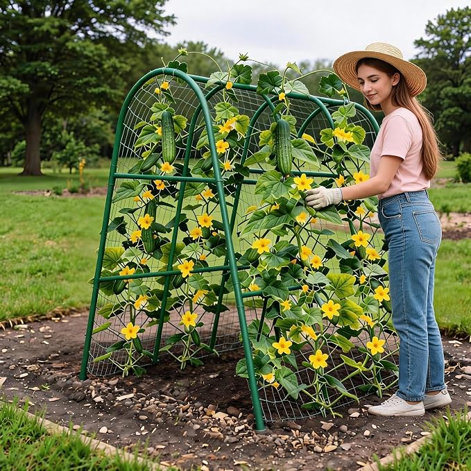 Garden Arch Trellis for Raised Beds, 4x5.3FT Plant Support for Cucumbers, Melons, Grapes, Roses & Climbing Vegetables, Outdoor Rust-Resistant Trellis for Vertical Growing, Green