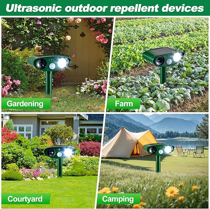 2 Pack Solar Animal Repeller for Raccoons, Deer & Squirrels - Ultrasonic & Strobe Light, Outdoor Deterrent for Cats, Dogs, Raccoons, Rabbits, Skunks, Foxes & More