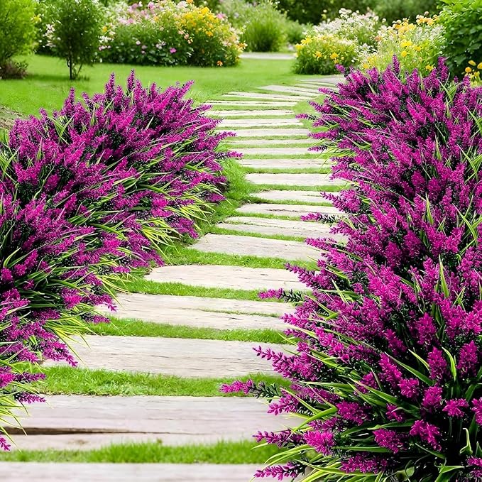Geegoods Artificial Plants Flowers Outdoor – 48 Bundles UV Resistant Faux Lavender Flowers with Monkey Grass for Garden Porch Window Patio Hanging Planter Decor
