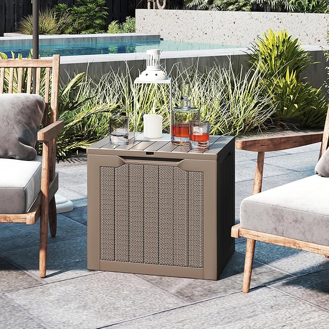Tangkula 30 Gallon Outdoor Storage Box, Resin Outdoor Storage Bench with Lockable Lid, Waterproof Deck Box for Garden Tools, Pool Accessories, Cushions