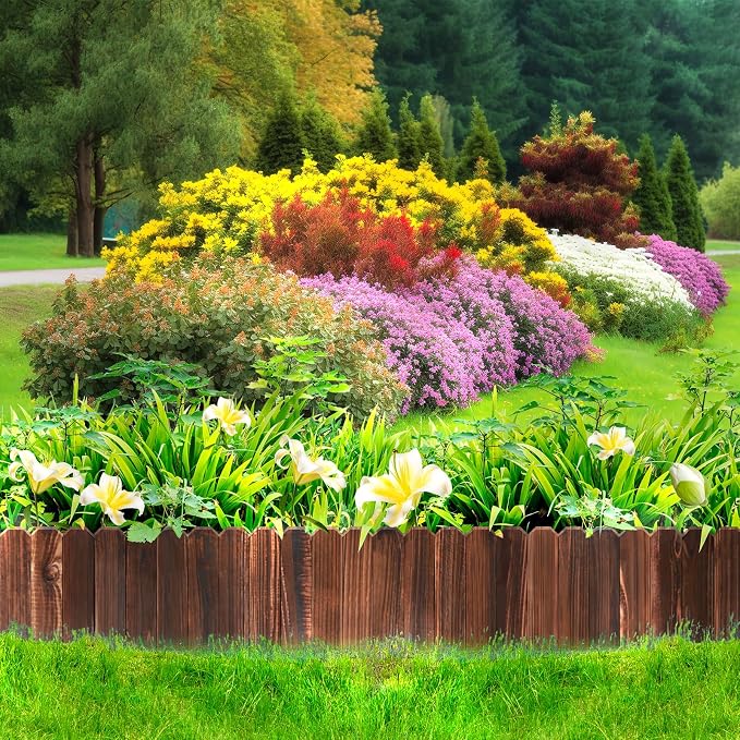 LINSHRY Wood Garden Edging, 4 Pack 7.9 in H x 3.9 ft L Wood Garden Fence for Landscape/Flower Bed Edging Borders, Garden Wooden Fence Edging (Total 15.6ft Length)