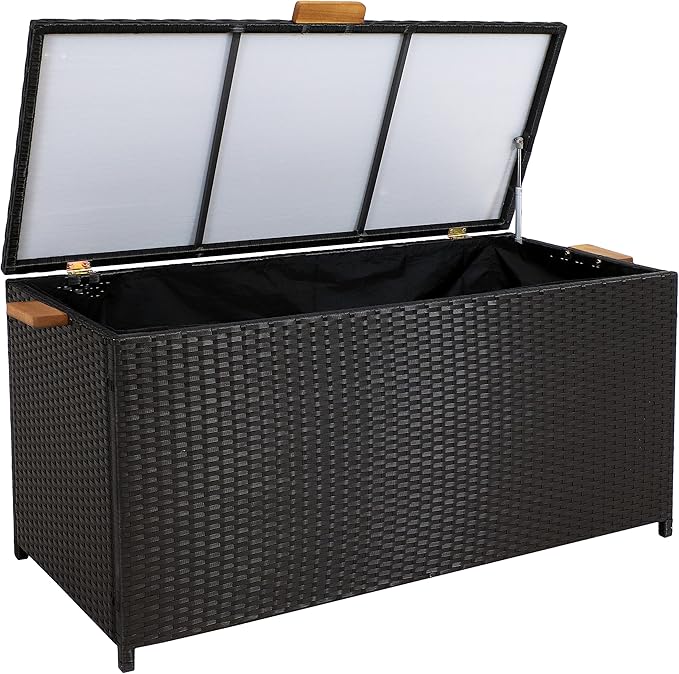 Sunnydaze Faux Wicker Storage Box - Outdoor Deck Box with Handles - 75-Gallon Front Door Package Delivery Box with Hinged Lid - Black