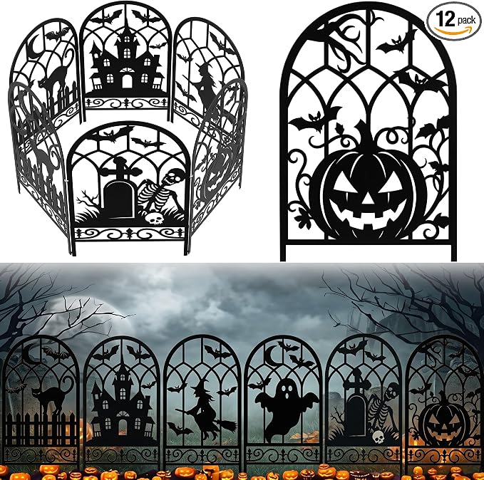 Yaocom 12 Pack Halloween Fence Outdoor Decoration Bat Witch Spooky Graveyard Fence for Halloween Yard Party Decor, Black Metal Decorative Garden Yard Sign for Lawn Porch, 16.5''H x 11.8''W