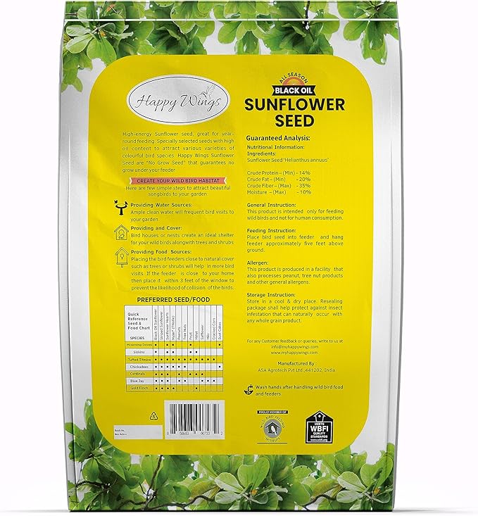 Happy Wings Black Oil Sunflower Seeds Wild Bird Food- 15 Pounds | No Grow Seed | Bird Seed for Wild Birds
