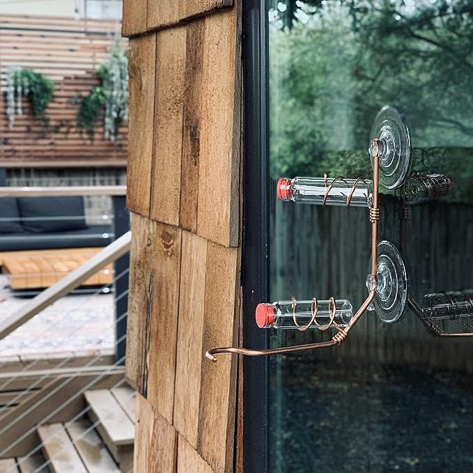 Window Hummingbird Feeder | Handcrafted Copper and Aluminum | Multiple Stations | Modern Hummingbird Feeder | Home Décor | Glass Bottles | Suction Cups (Copper, Two Station)