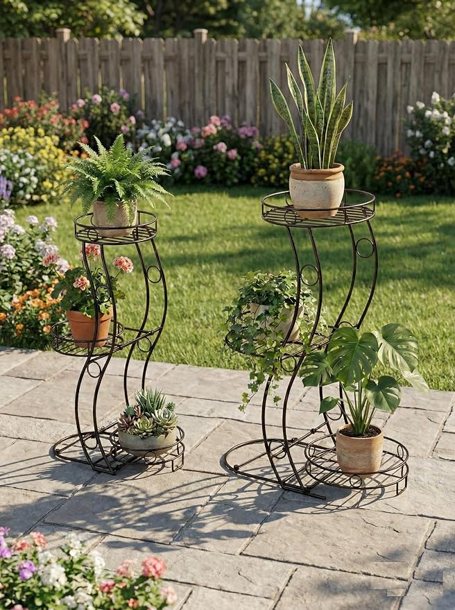 2-Pack Heavy Duty Metal Plant Stand Set (Large & Small) - No Assembly Required - 3 Tier Corner Plant Shelf for Indoor Outdoor - 26" & 23.4" H Wrought Iron Flower Pot Holder Display Rack, Rustproof Black