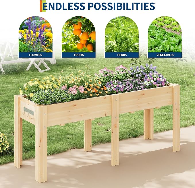 72x 23x30IN Raised Garden Bed Outdoors with High Legs & Hooks, Non-Woven Liner, Elevated Wooden Large Planter Box for Backyard, Patio, Balcony w/Divider Panel, 6 Legs, 300lb Capacity