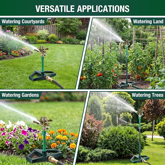 Heavy Duty Impact Pulsating Sprinkler with 16-30" Adjustable Aluminum Sprinkler Riser, All Metal Rotating Circular Impulse Lawn Sprinklers for Medium to Large Lawn Garden Area, Coverage up to 5800 Sq