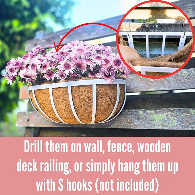 LaLaGreen Bundle- 4 Pack, 12 Inch Large White Self Watering Pot + 2 Pack, 16 Inch Metal Basket with Coco Liner Horse Trough Wall Rail Window Patio Porch Flower Box Geometric Hanging Indoor Vase Decor