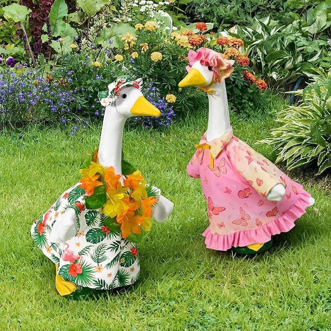 2 Sets Seasonal Porch Goose Outfits for Spring&Summer,Butterfly&Hawaiian Porch Goose Clothes for 23" H Outdoor Yard Lawn Garden Decoration