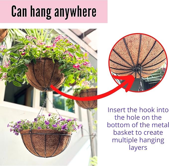 LaLaGreen Bundle - 2 Pack,14 Inch Large Hanging Basket + 3 Pack,10 Inch Half Round Black Metal Wire Basket with Coco Liner Rail Fence Deck Porch Balcony Plant Pot Hanger Hook Holder Decoration