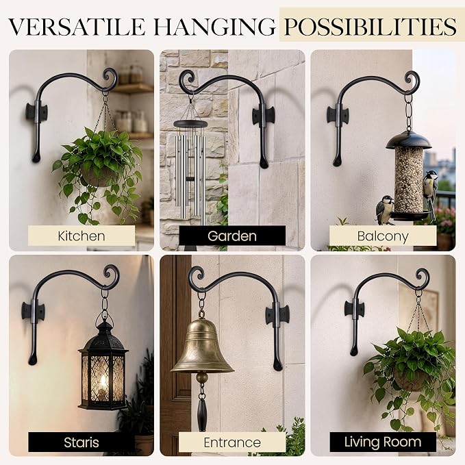 RTZEN Plant Hangers Outdoor or Indoor - Wrought Iron Metal Hanger Indoor Hook - Heavy Duty Wall Bracket Hooks for Hanging Plants Baskets Lanterns Bird Feeders - 2 Pack (Black Axe-Shape Hooks 10")