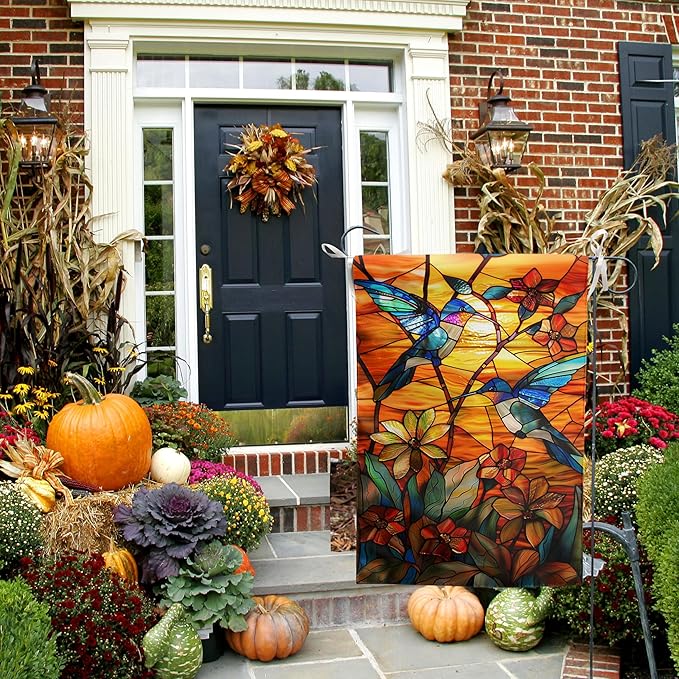 Stained Glass Hummingbird Garden Flag Spring Summer House Flag Fall Floral Decorative Yard Flags for Outside 28x40 Double Sided Large Seasonal Lawn Flags Rustic Outdoor Decor