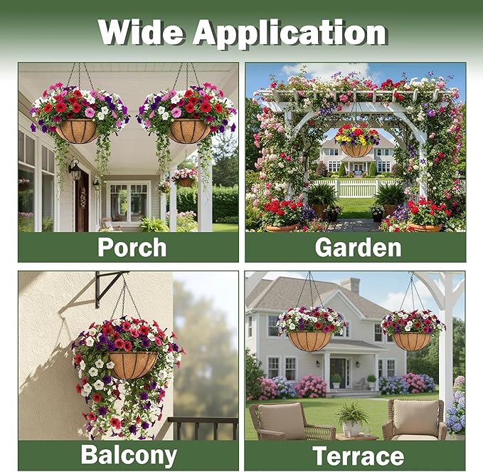 4 Pack 16 Inch Hanging Baskets for Plants Outdoor Metal Hanging Planter Basket with Coco Coir Liner Hanging Flower Baskets Hanging Flower Pots Holder for Garden, Patio(Watermelon)