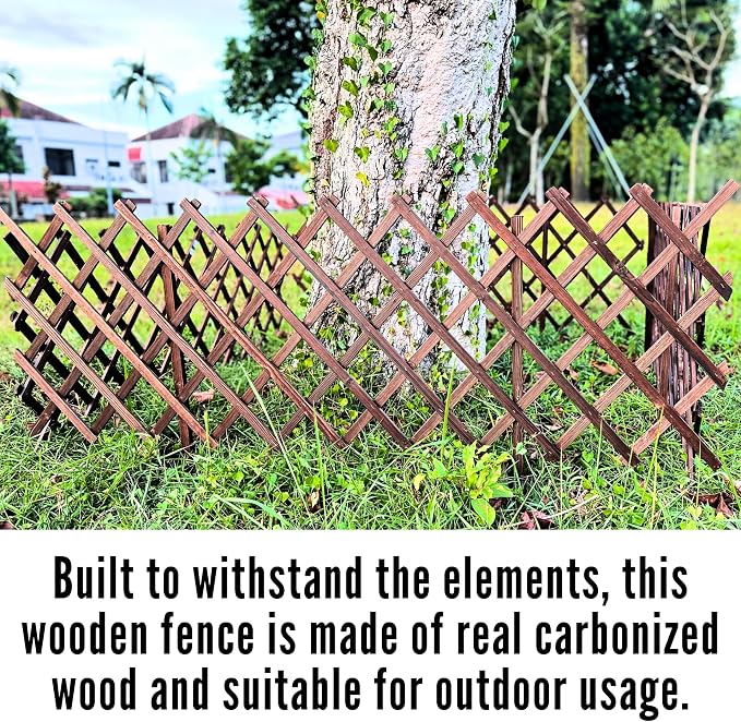 ShopLaLa Garden Fence (4 Pack, Total 24ft) Expandable Wooden Lattice Panels, Plant Support Trellis for Flower Bed Edging Outdoor Decorative Animal Barrier Fence Yard Lawn Border Patio Landscape Decor