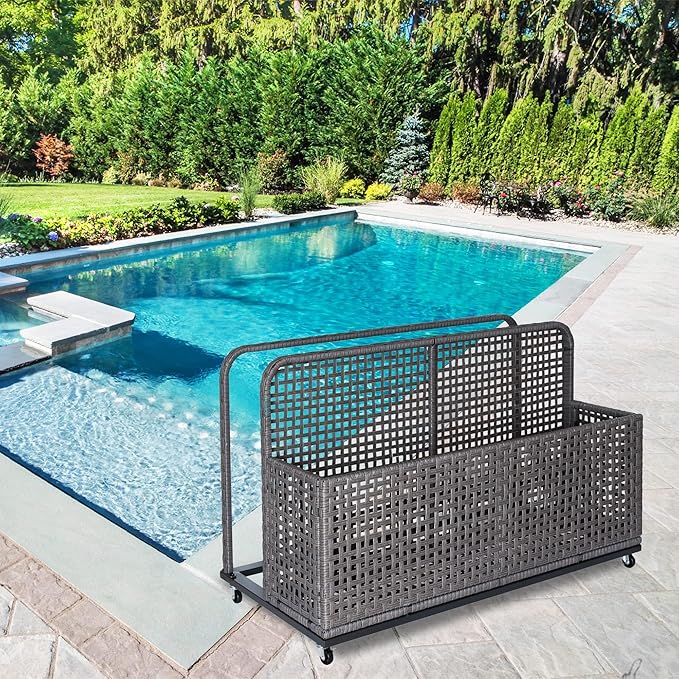 Garvee Poolside Float Storage Organizer, Outdoor Wicker Pool Storage Bin for Floats & Toys, Rolling Poolside Storage Rack for Pool Toy Noodles Equipment Accessroies