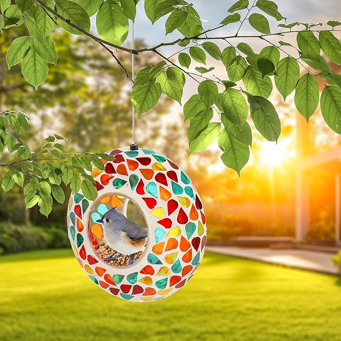 Sunnydaze 6-Inch Glass Mosaic Hanging Bird Feeder for Outdoors - Fly-Through Glass Bird Feeder for Cardinals, Jays, Finches and More - Confetti Mosaic