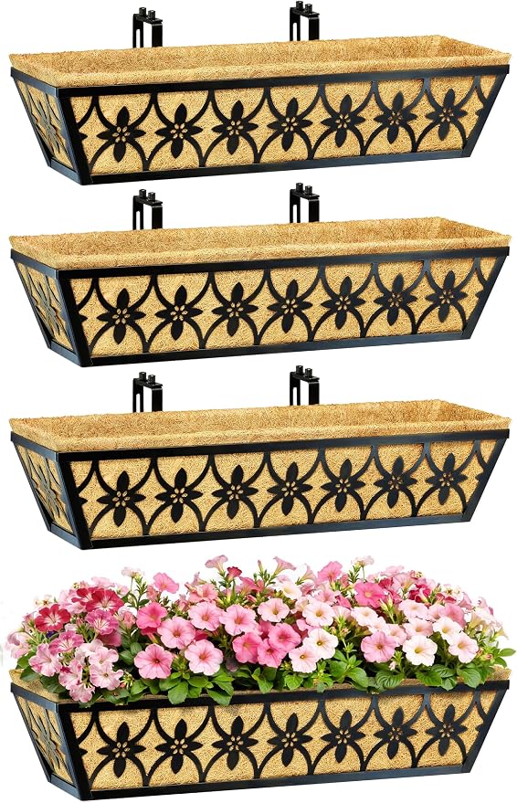 24 Inch Window Boxes Planters Railing Planter Box - 2 Pack Deck Railing Planter Boxes with Adjustable Brackets Coco Liners Balcony Planters Railing Hanging for Window Flower Boxes Outdoor Garden Decor