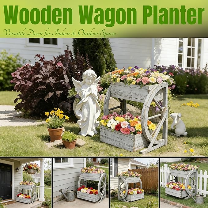 2 Tier Medium Wooden Wagon Planter Box|Outdoor Planter/Flower Pot for Indoor&Outdoor Plants-Rustic Garden Planter for Patio,Porch&Garden Decor-Raised Garden Bed for Succulents,Herbs,Vegetables