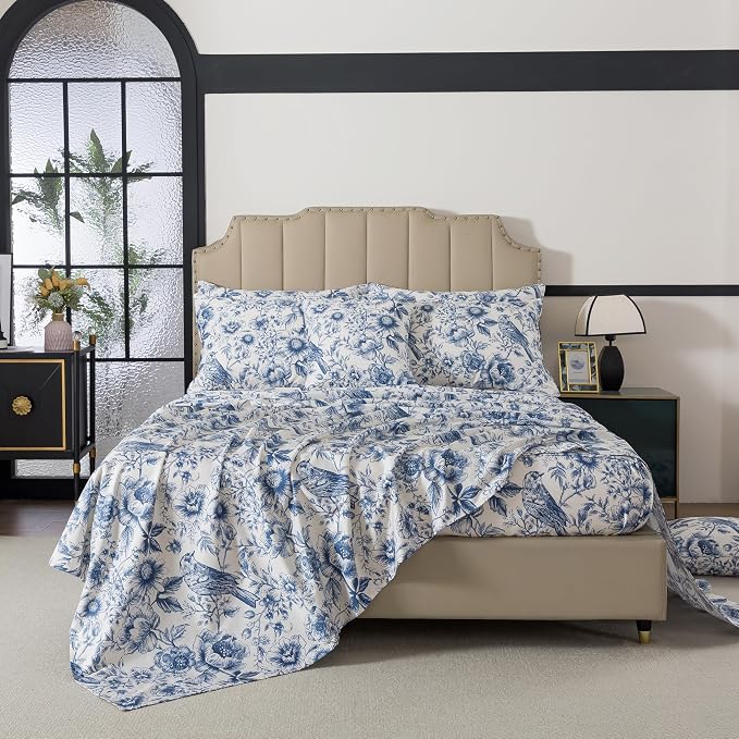 FADFAY Twin XL College Bedding Sunflower Bird Sheets Set Extra Long Dorm Room Essential Bedding 100% Egyptian Cotton Soft Breathable Sheets Blue de Jouy French Country Vintage Farmhouse Sheet 4Pcs