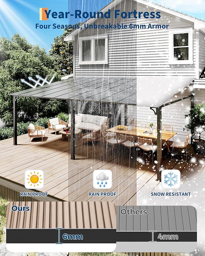 GarveeLife 12 ft x20 ft Upgraded Lean-to Wall-Mounted Gazebo | 6 mm Polycarbonate Roof & Reinforced Aluminum Frame | All-Weather Hardtop Pergola for Patio, Deck, Backyard