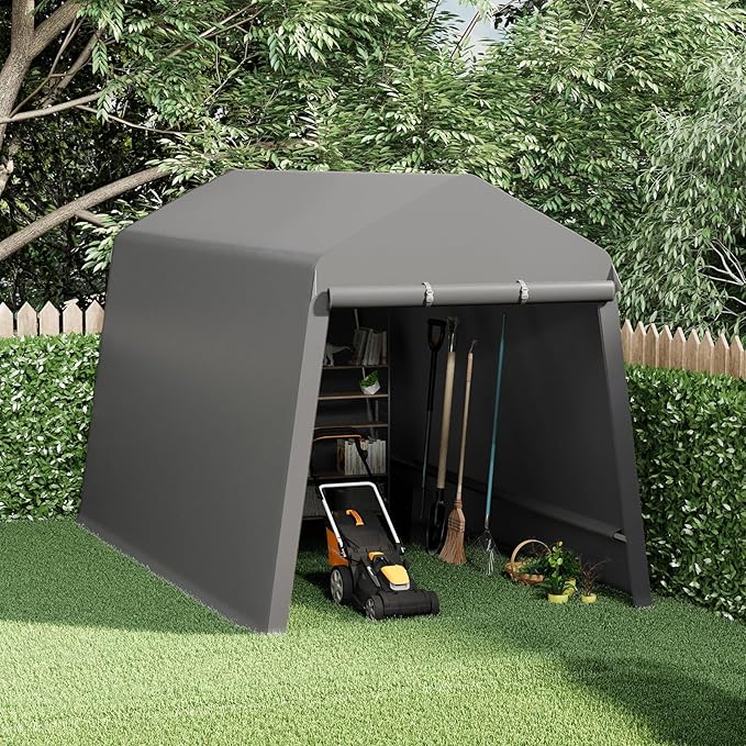 7X12FT Heavy-Duty Portable Outdoor Shelter Shed - Waterproof UV-Resistant Carport with Roll-Up Zipper Doors & Vents, Anti-Snow Motorcycle Garage Tent, Grey