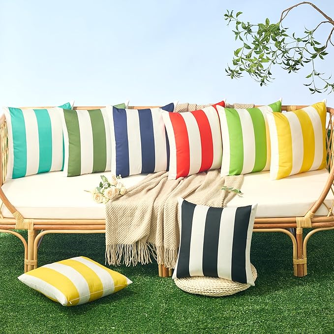 Allorry Outdoor Pillow Covers 20x20 Set of 2 Navy Blue Striped Decoration Throw Pillow Covers for Spring Summer Outdoor Waterproof Garden Patio Furniture Sofa Bed Home Decor JB007-D20