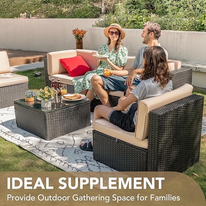 Devoko 5 Pieces Patio Furniture Sets All Weather Outdoor Sectional Patio Sofa Manual Weaving Wicker Rattan Patio Seating Sofas with Cushion and Glass Table (Beige)