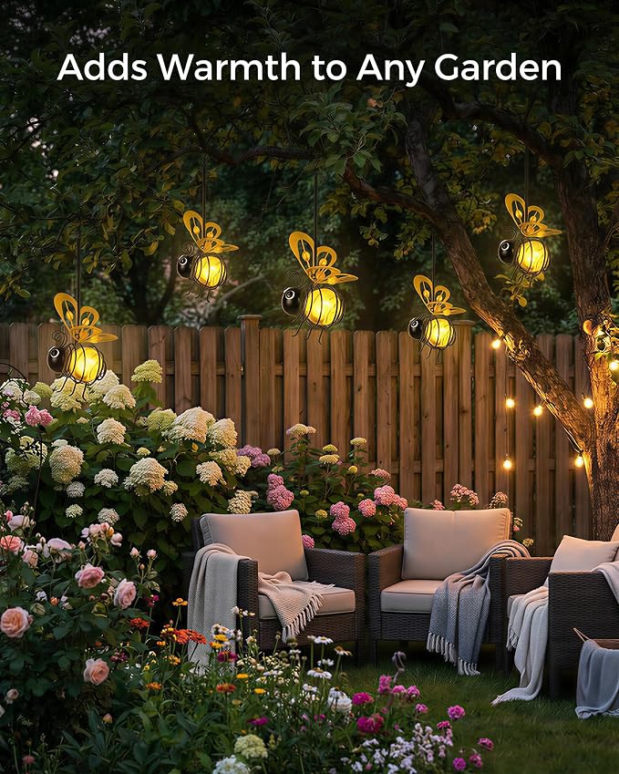 Solar Hanging Bee Light - Outdoor Metal Garden Decor with LED Glow, Yellow Body - Waterproof Solar Powered Insect Ornament for Yard, Tree, Porch, Patio - Gift for Women, Mom, Bee Lovers (1 Pack)