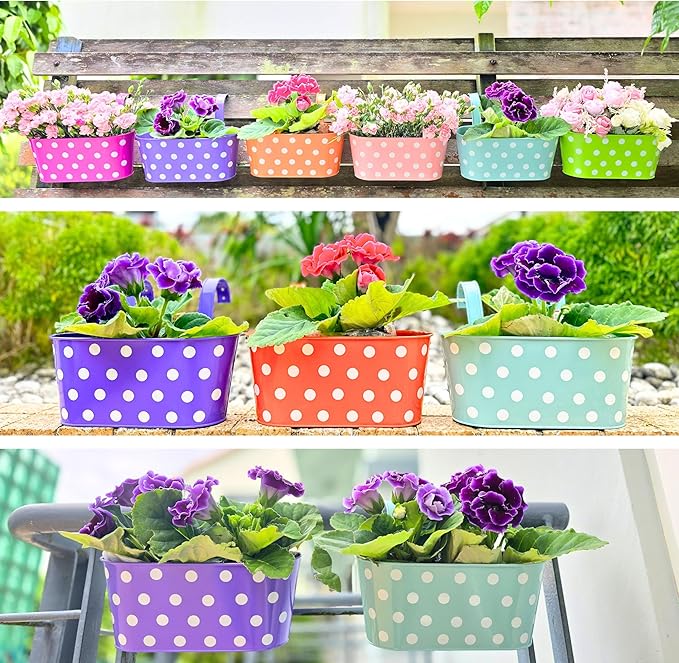 LaLaGreen Rail Planter (17 Inch, 6 Pack) Colorful Metal Hanging Flower Pots Railing Fence Balcony Gardening for Apartment Patio Planters Iron Outdoor Decoration Porch Decor Modern Garden Style