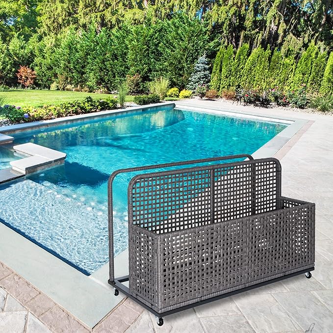 Outdoor Poolside Float Storage with Wheels, 43.3 x 22.5 x 28.7 Rolling PE Rattan Pool Caddy with Compartment & Basket, Portable Wicker Storage Organizer for Toys, Floats & Towels, Gary