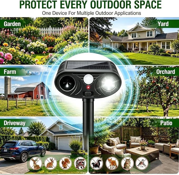 2 Pack Sonic Fortress Pro Deer Repellent Device Outdoor,Solar Animal Repeller for Garden, Squirrel Fortress Pro with PIR Sensor & Flashing Light for Rabbit Fox Raccoon Cats Repellent Outdoor